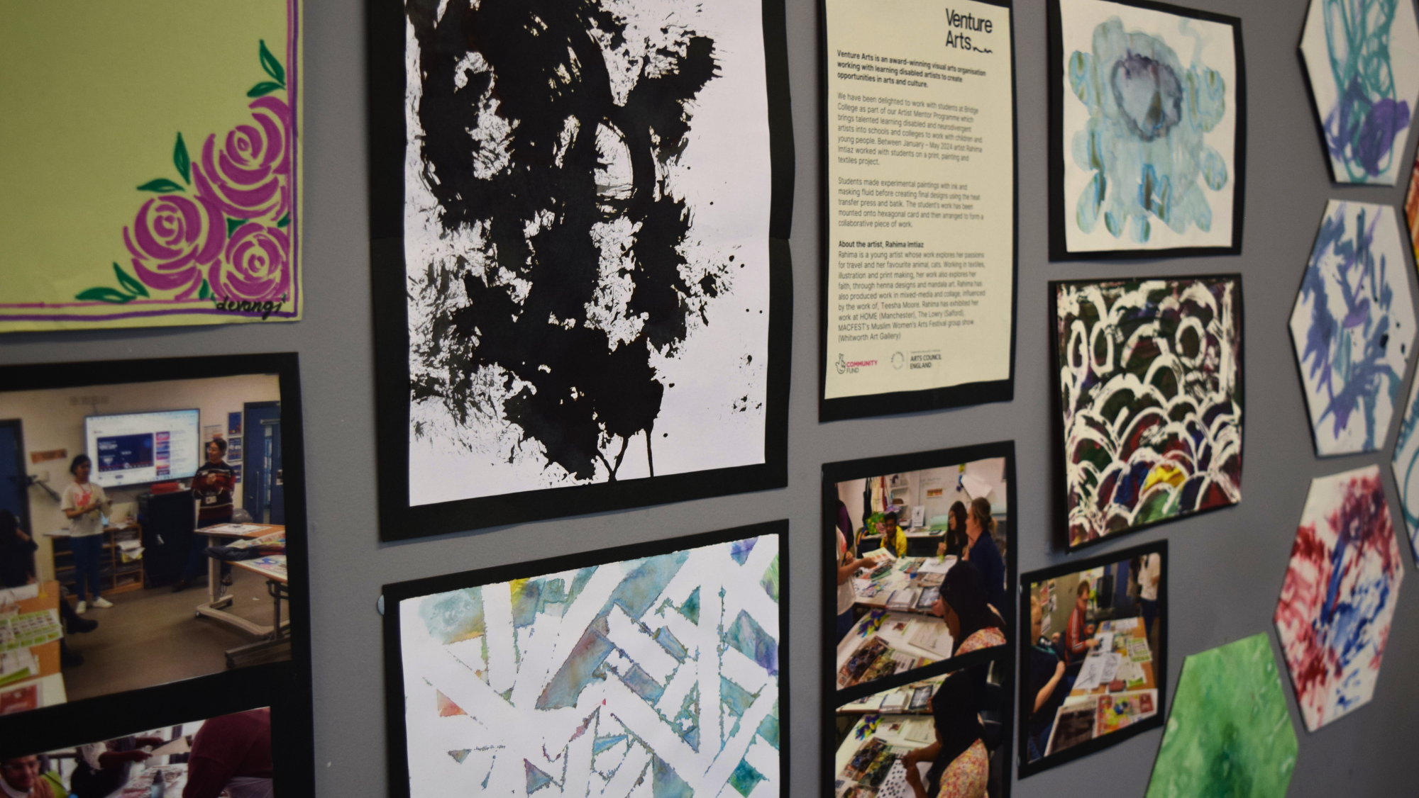 A photo of a selection of student's artwork on display