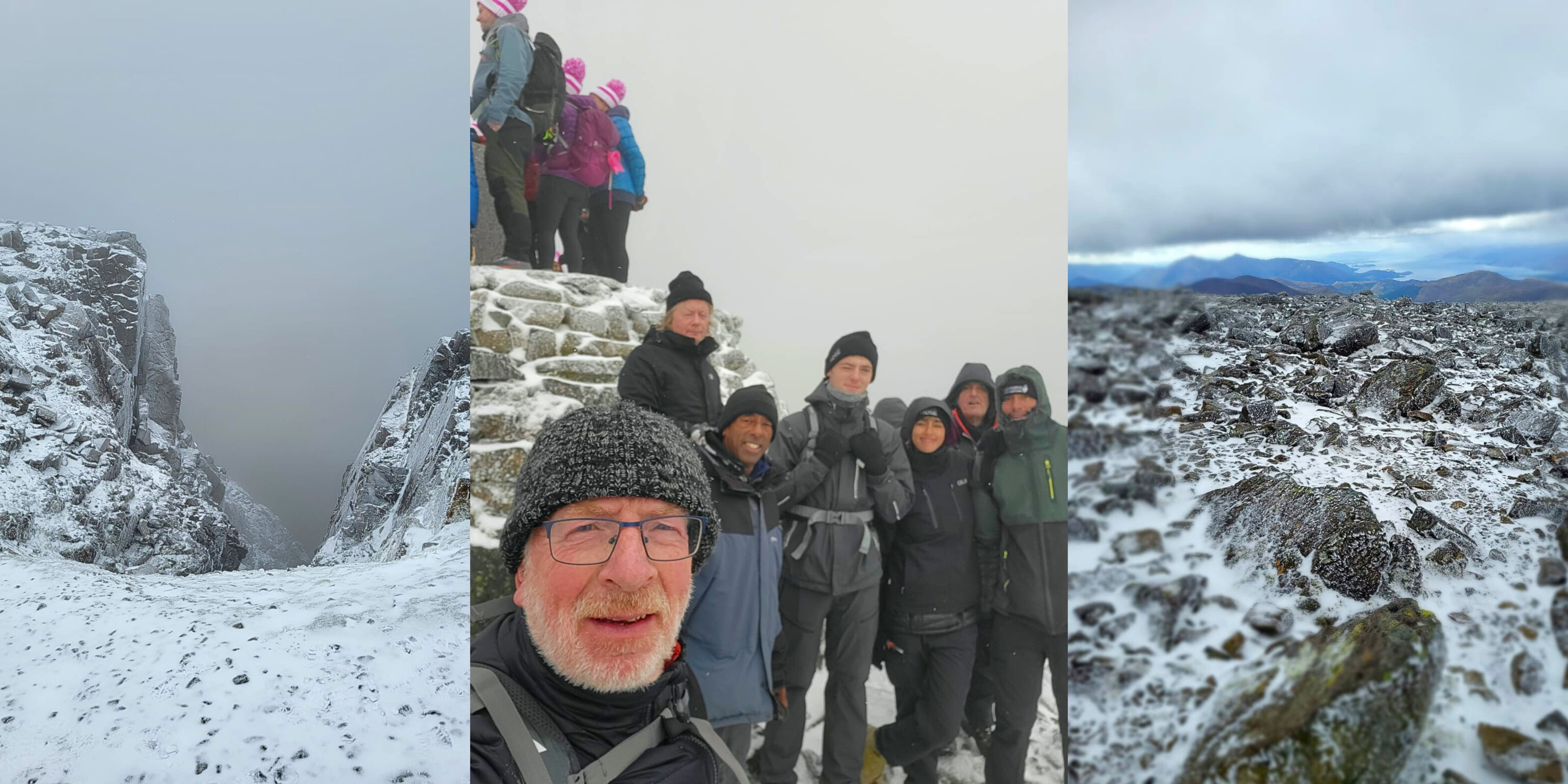 The collage contains three photographs taken during the ascent of Ben Nevis. These images illustrate the snowy and challenging weather conditions encountered. One of the photos is a selfie featuring Kevin Clarke, his family, and friends.