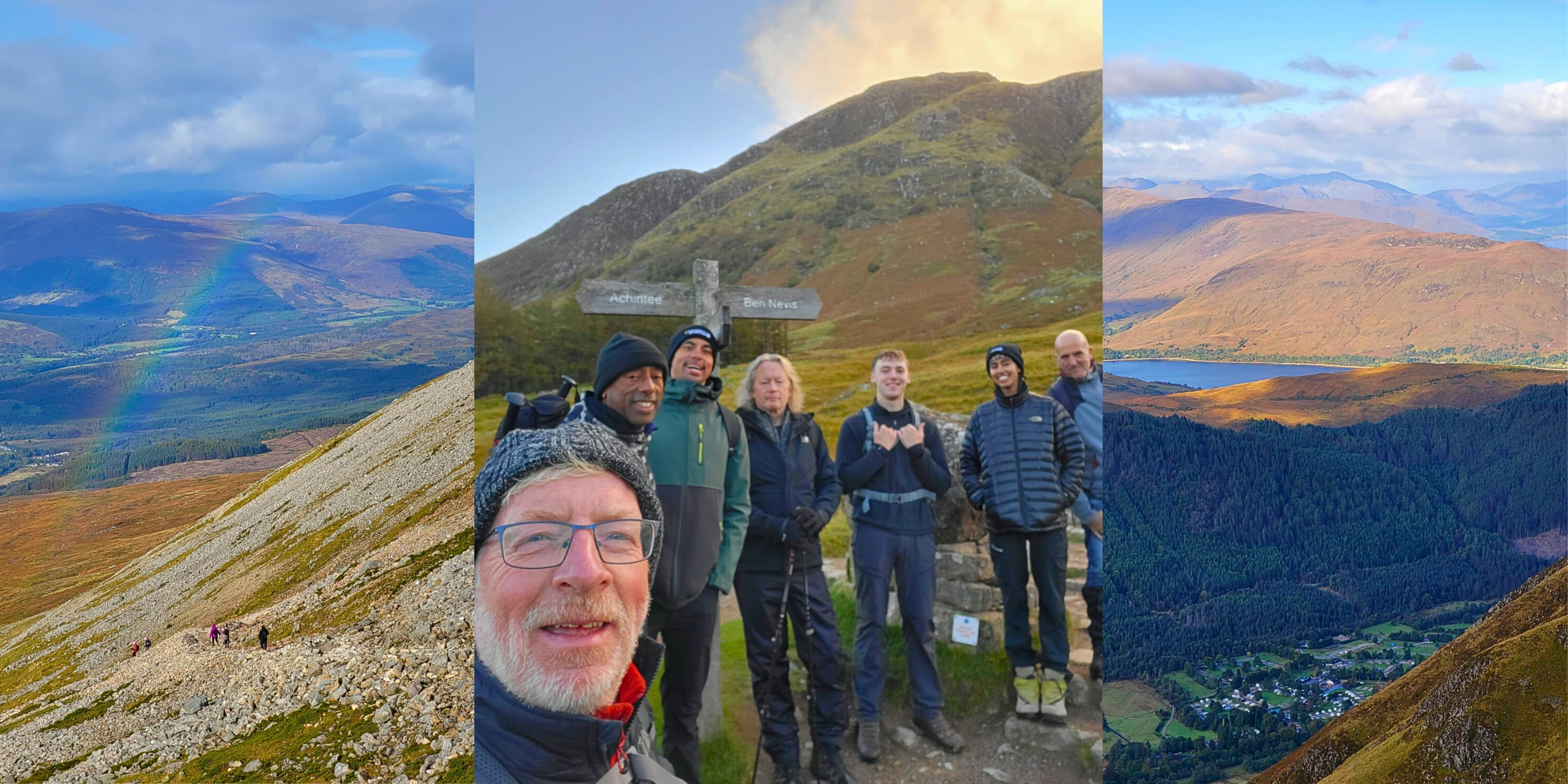 The collage comprises three distinct photographs, captured amidst the climbing expedition of Ben Nevis. The images display favourable weather conditions, a vibrant rainbow, and striking landscapes. Included within these pictures is a selfie of Kevin Clarke, accompanied by his family and friends.