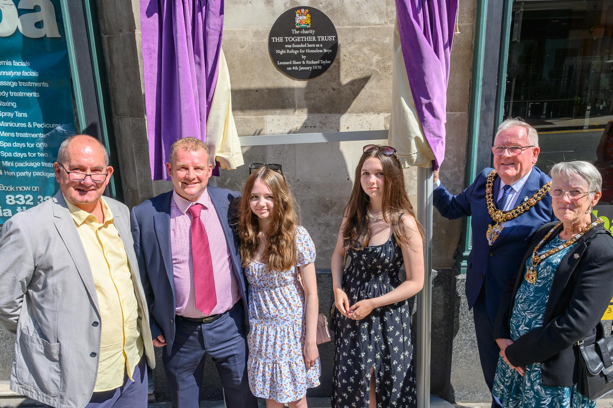  Unveiling of Together Trust plaque in 2021. From left to right - Mark Lee, Giles Gaddum, (Chair of Trustees), Amelia and Georgie (Giles Gaddum’s daughters), Lord Mayor and Lady Mayoress