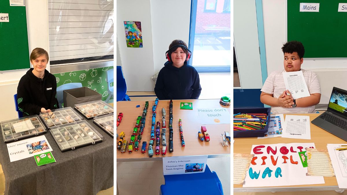 A collage of three photos. The first captures a cheery young man, presenting his crystal stall. The second image features a little enthusiast proudly manning his Thomas the Tank Engine stall. Lastly, we have a young man behind a stall themed around the English Civil War.