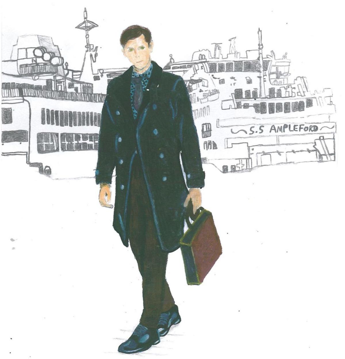 A coloured drawing of a man carrying a briefcase with a city skyline behind him