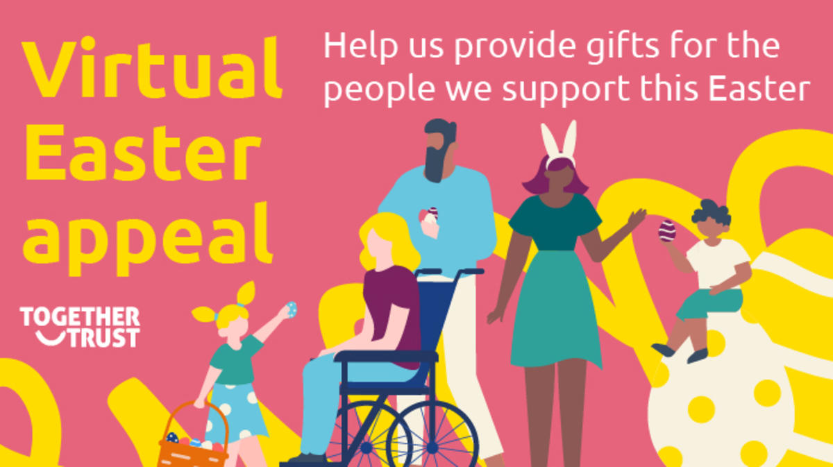 A branded banner image with the text "Virtual Easter appeal" and an illustration of people easter egg hunting