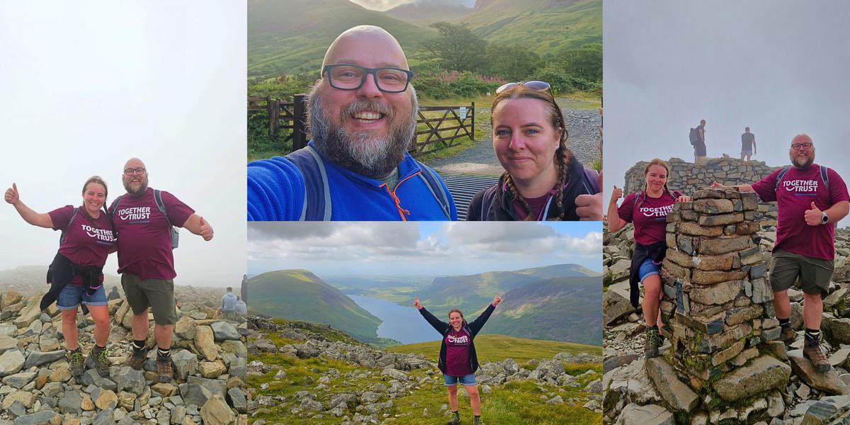 The provided images offer a visual documentation of Lisa and Lee's ascent of Scafell. The collection includes five photos, capturing various moments of their journey, all featuring their enthusiastic expressions and smiles, indicative of a fulfilling adventure.