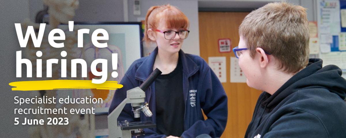 A female member of staff in an Inscape branded fleece chats with a student in a classroom. The text says 'We're hiring! Recruitment event on 5 June'