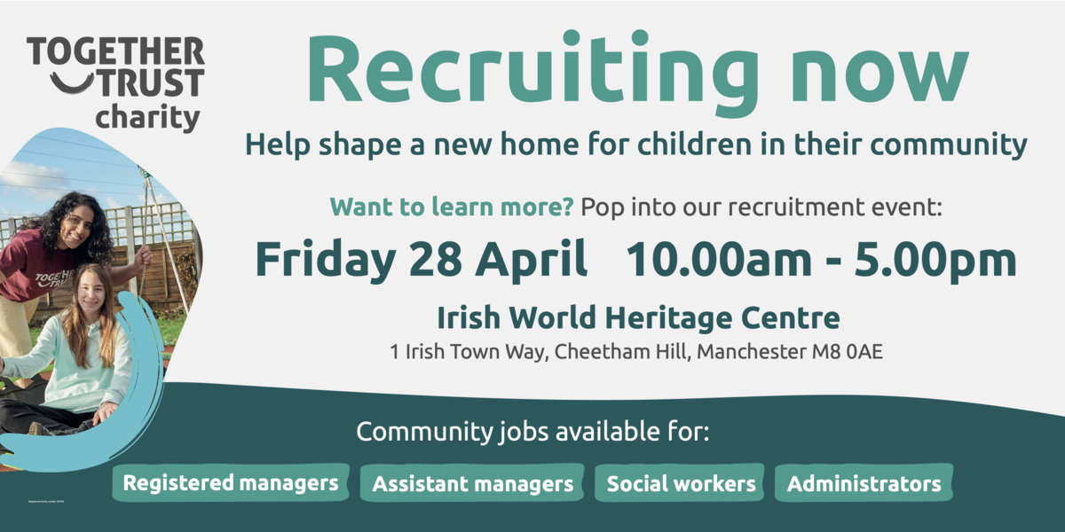 Recruitment banner describing upcoming event: Recruiting now, Friday 28 April, 10am-5pm at Irish World Heritage Centre