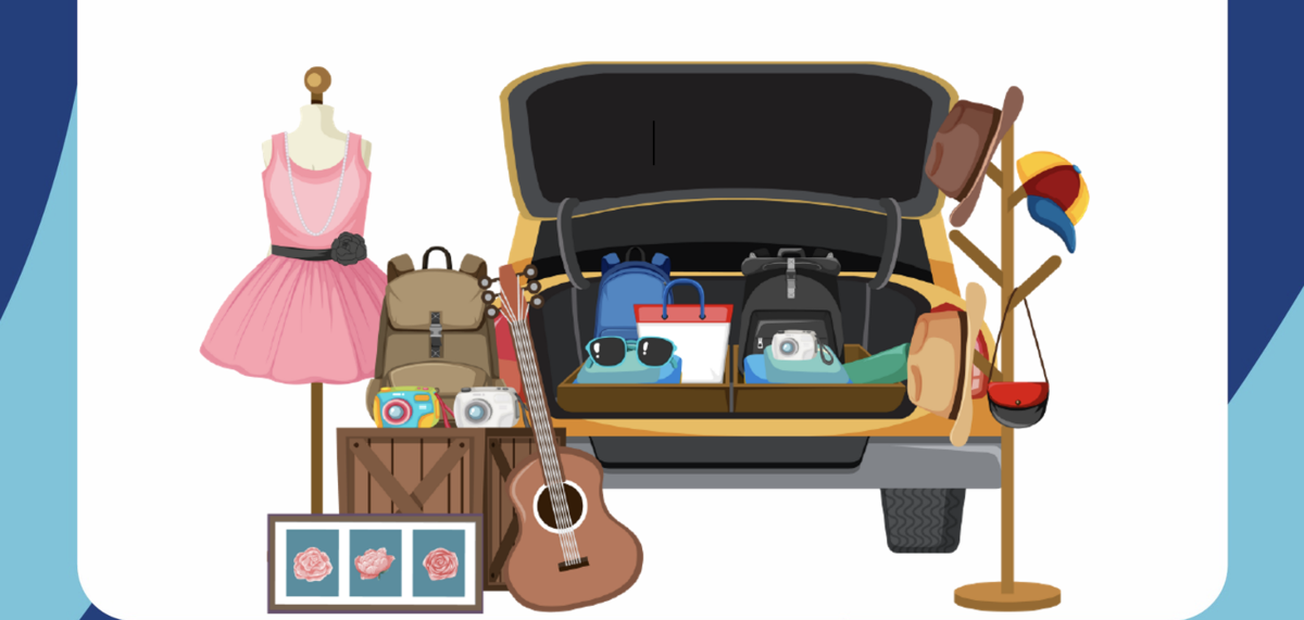 a cartoon image of a car boot open with items and clothes