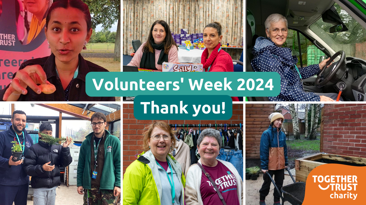 Collage of 6 photos with a text overlay that reads "volunteers week 2024 thank you". The photos are of a woman eating a pani puri, two women sorting boxes of toys, a woman driving a van, a man standing next to students in a plant nursery, two women smiling at a festival in front of a clothes rail and a woman pushing a wheelbarrow in a garden. 