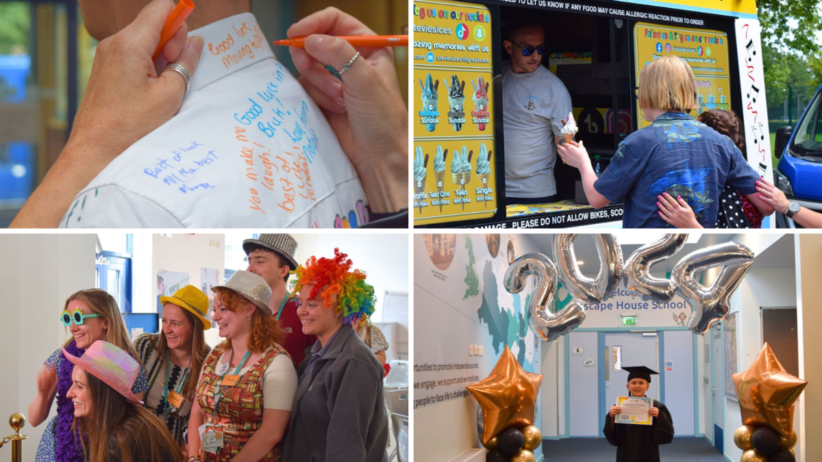 Collage of 4 images: first shows someone writing a positive message on a student's white shirt covered in messages from others. Second shows a teen boy ordering ice cream from a van. Third shows a group of teachers all wearing props taking photos in front of a photo booth. Fourth shows a young boy wearing a cap and gown posing with a diploma in front of a balloon arch. 