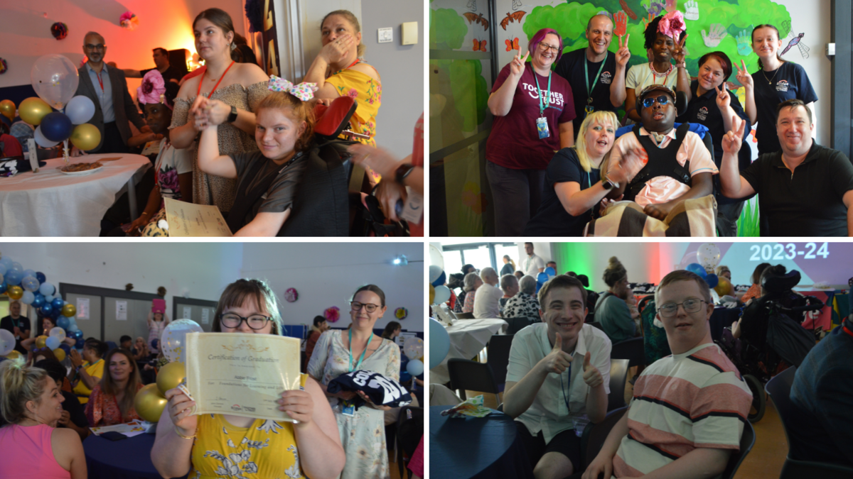 Collage of 3 images: first shows a young woman in a wheelchair holding hands with another young woman. Second shows a young man in a wheelchair posing with 7 staff members in front of a mural. Third shows a young woman walking through the ceremony hall holding a diploma. Fourth shows two young men posing for the camera, one of them giving a big thumbs up. 