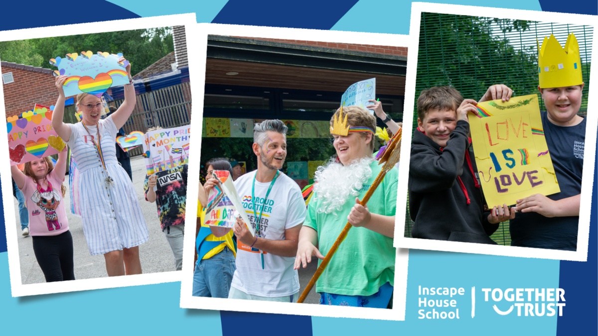 Collage of 3 images: one of a teacher and a young girl holding pride banners, one of a teacher smiling at a student dressed like King Triton and one of 2 young boys holding up a sign together that reads "love is love"