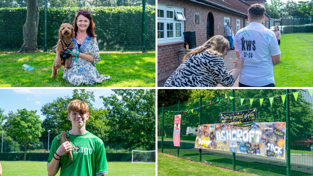 Collage of 4 images: first showing a woman kneeling on the grass posing with a curly haired dog, second of a staff member writing a message on a student's white shirt covered in other messages, third showing a teen boy holding a lizard on his shoulder. Fourth image showing  multiple banners tied to a fence. banners read " we are so proud of you". 