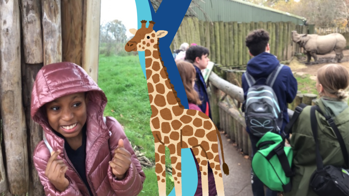 On the left is a photo of a girl wearing a pink coat smiling in front of a zoo enclosure, while on the right is a photo of a group of students looking out at a rhino. In the middle between the photos is an illustration of a giraffe.