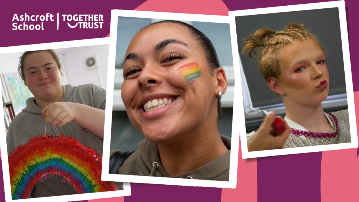 collage of 3 images: one of a young person holding up a rainbow pinata, one of a woman with a rainbow painted on her cheek smiling, and one of a young person putting make up on. 