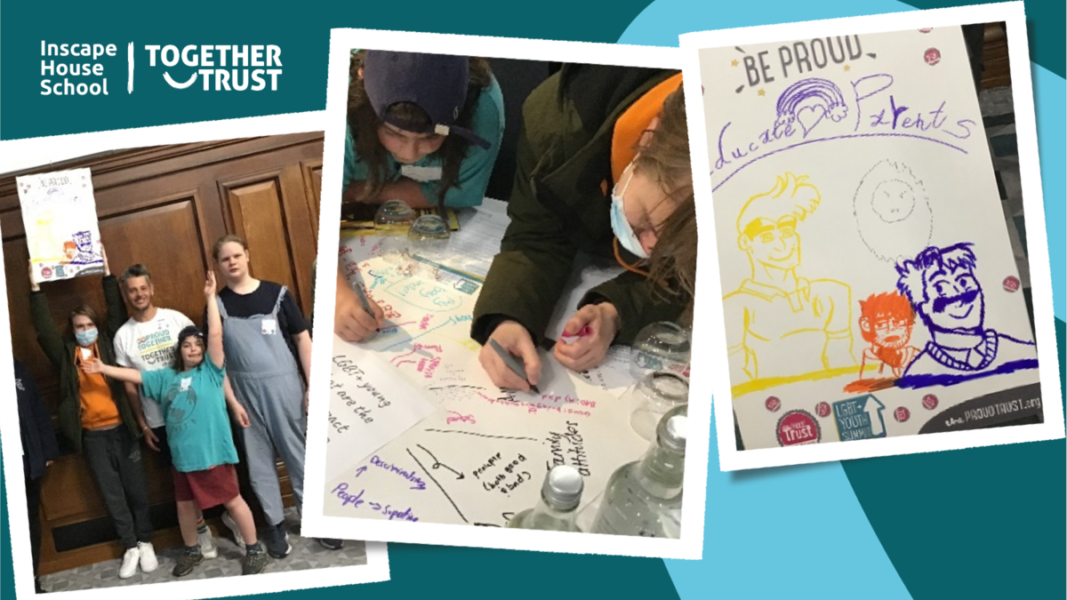 Collage of 3 images: one of a group of students smiling together, one of children writing on a big banner, and one of a close up of their banner with comic characters on.