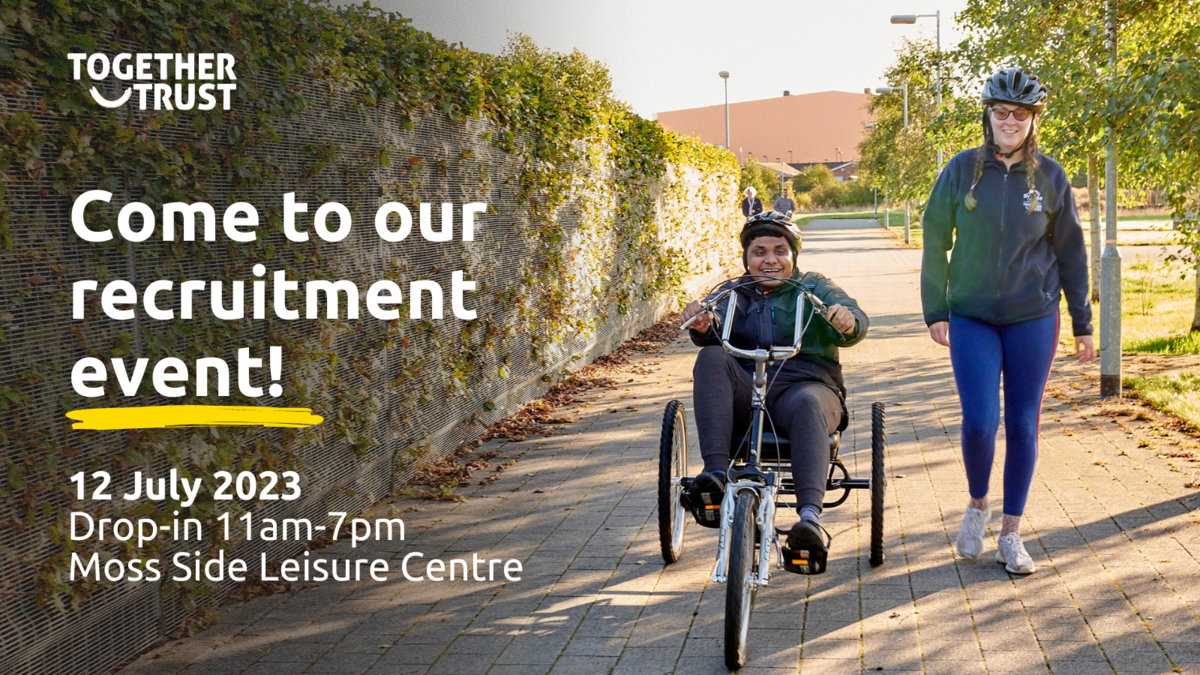 Image of a young man on an accessible bike with a staff member. It says 'Click here to come to our recruitment event on 12 July'.