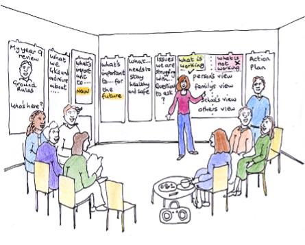 Illustration of a teacher speaking to parents and carers.