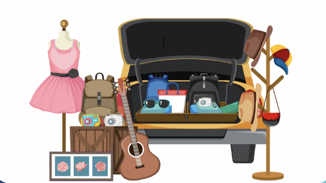 a cartoon image of a car boot open with items and clothes