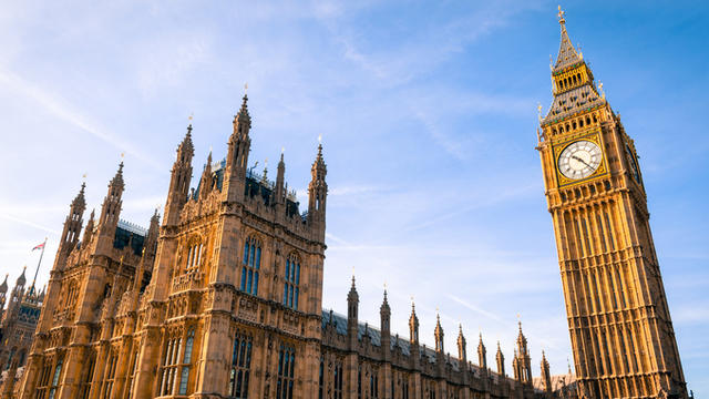 Photo of the Houses of Parliament and Big Ben against a blue sky.