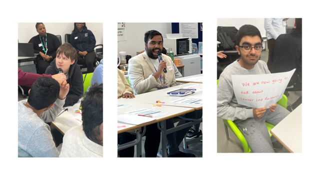 Three separate images. Two show students talking into a microphone and one with a student smiling at the camera holding up a sign "we are now going to talk about learner led research"